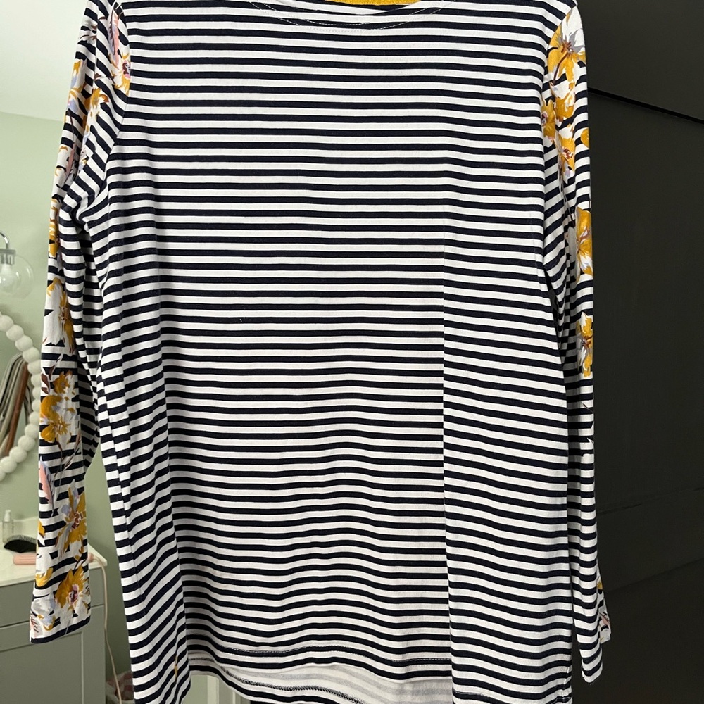 Joules Navy and White Striped Top with Yellow Logo. US size 16